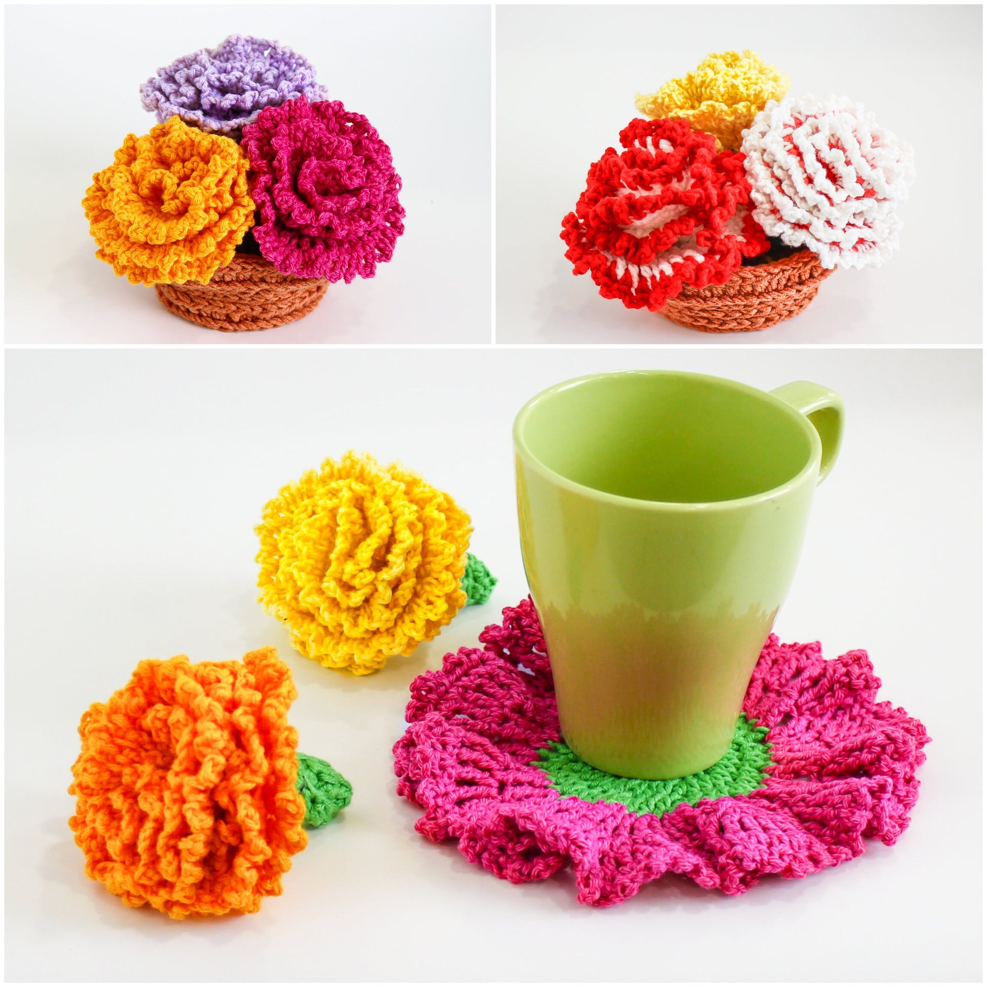 May include: A set of crocheted carnation flowers in a small basket. The flowers are in shades of pink, red, yellow, and white. The flowers are arranged in a basket with a brown and white pattern. The flowers are perfect for adding a touch of color and whimsy to any home.