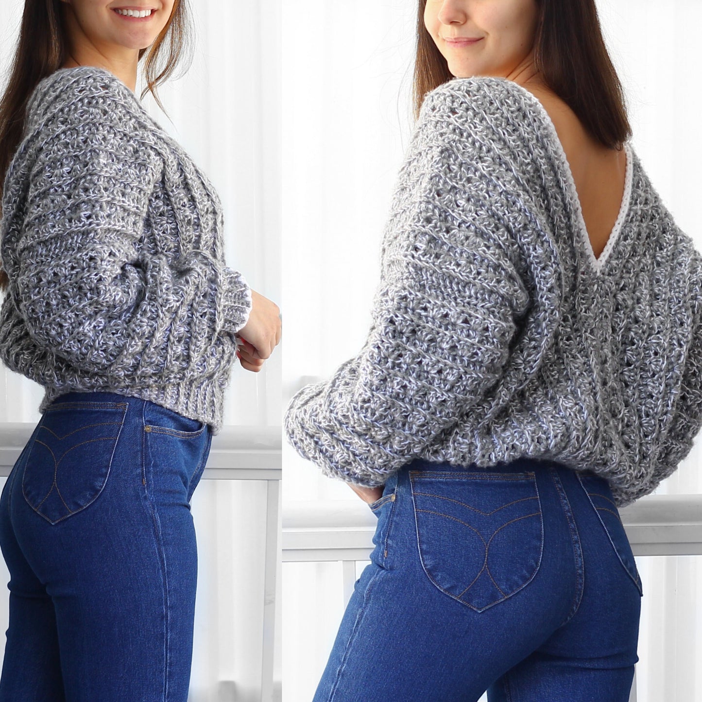 May include: A gray and white crochet sweater with a low back and a loose fit. The sweater is shown on a model wearing blue jeans.