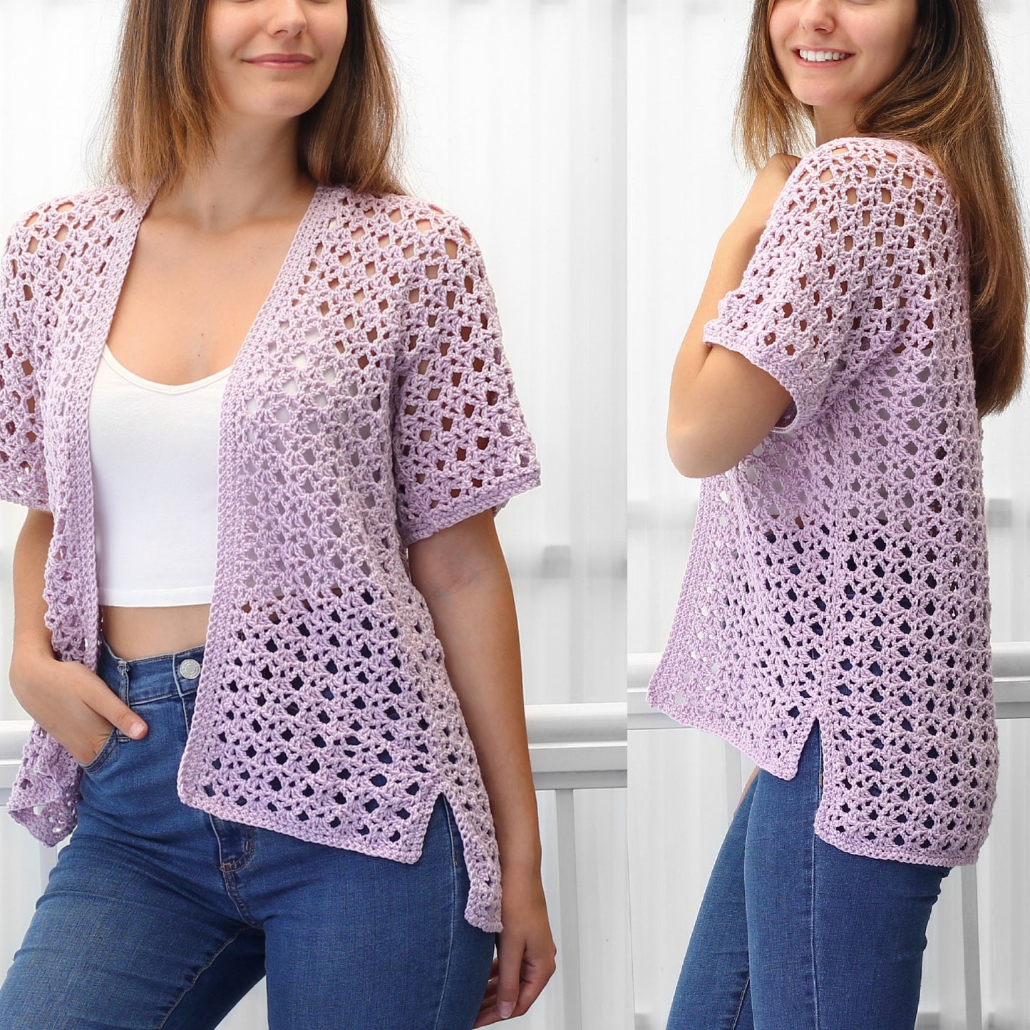 May include: A light purple crochet cardigan with a loose fit and short sleeves. The cardigan has a delicate openwork pattern and a slightly longer back hem.