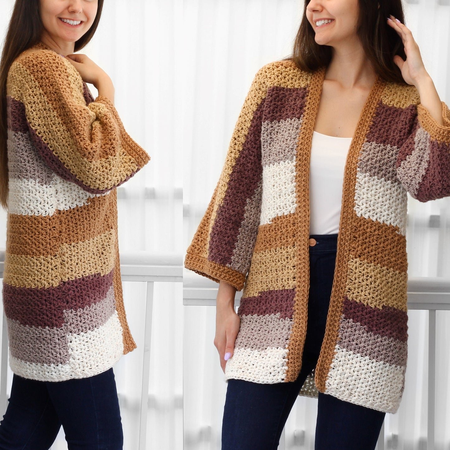 May include: A handmade, open-front crochet cardigan in a patchwork design. The color palette includes shades of tan, brown, cream, and mauve. The cardigan features wide, three-quarter length sleeves and a textured stitch pattern, perfect for layering.