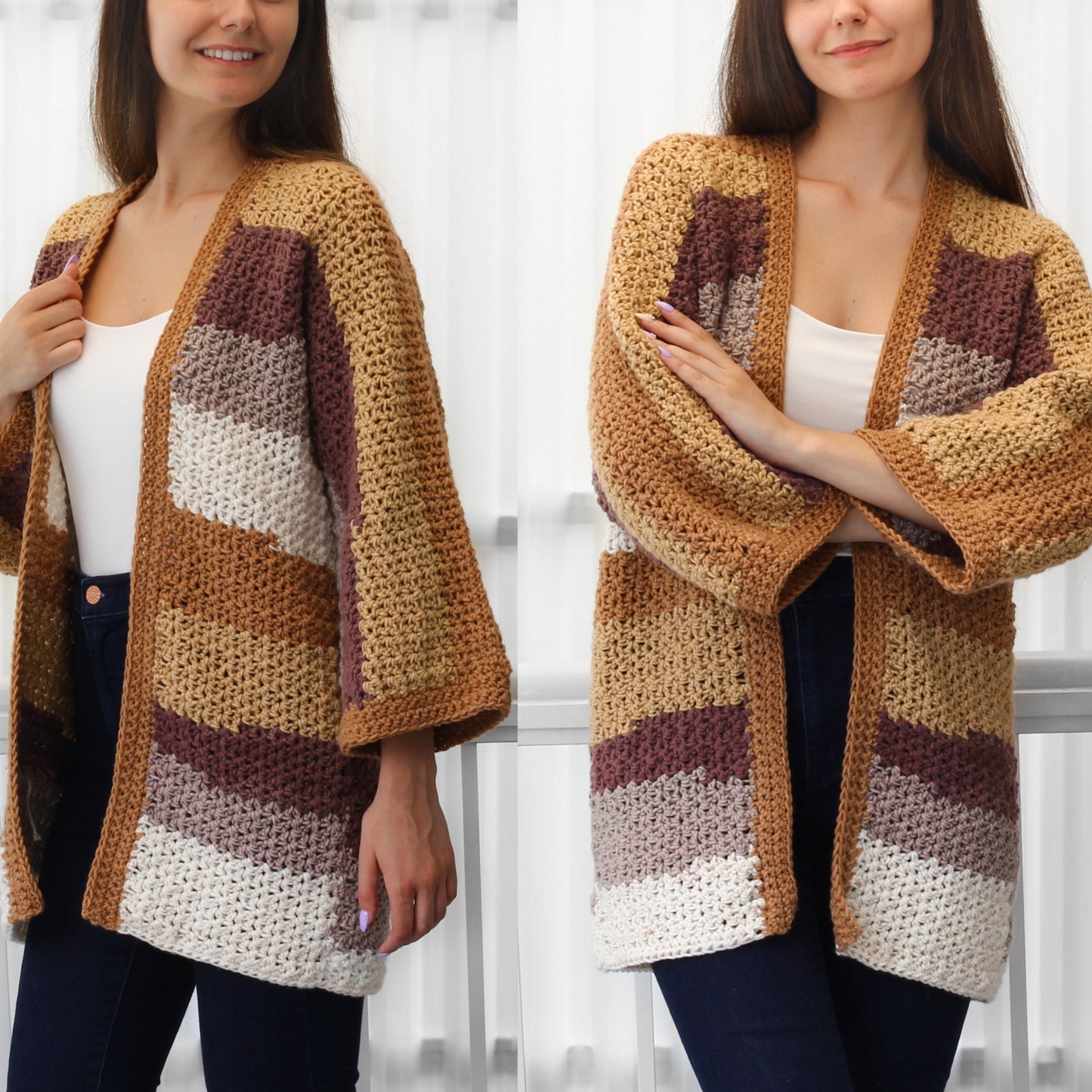 May include: A handmade, open-front crochet cardigan in a color block design. The cardigan features a mix of warm tones, including beige, brown, and cream. The sleeves are wide and the overall style is relaxed and comfortable.