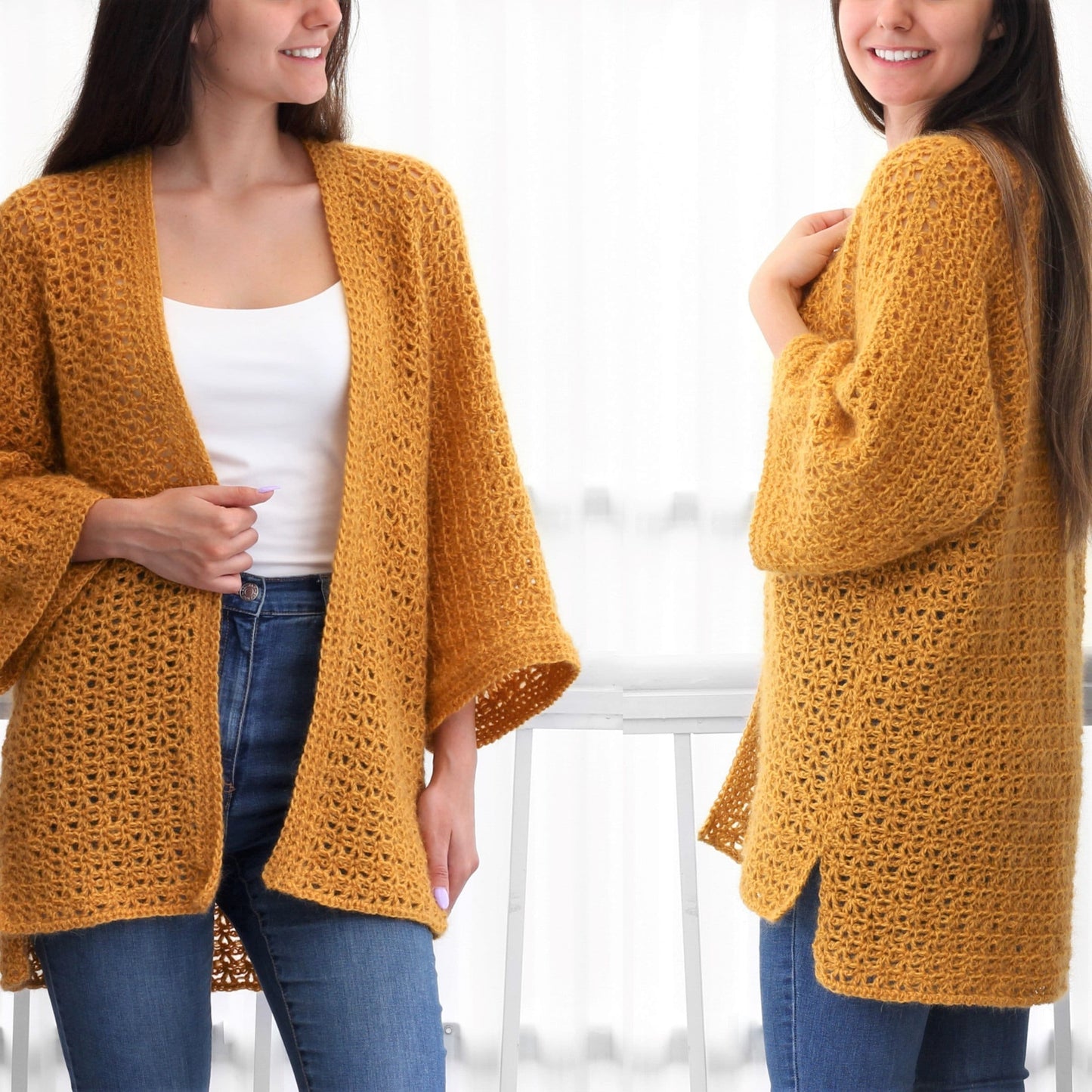 May include: A mustard yellow crochet cardigan with a loose fit and long sleeves. The cardigan is open in the front and has a delicate stitch pattern.