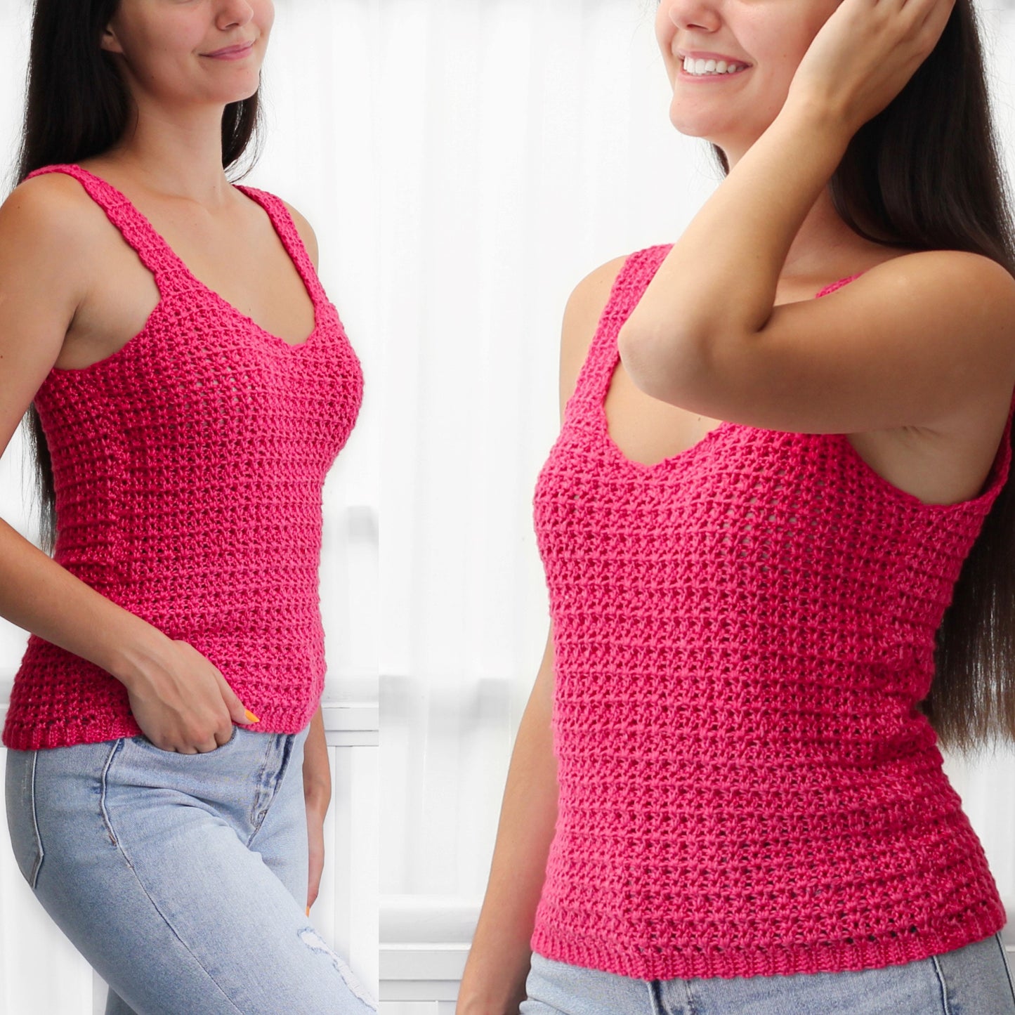 May include: A pink crochet tank top with a v-neck and a textured pattern.