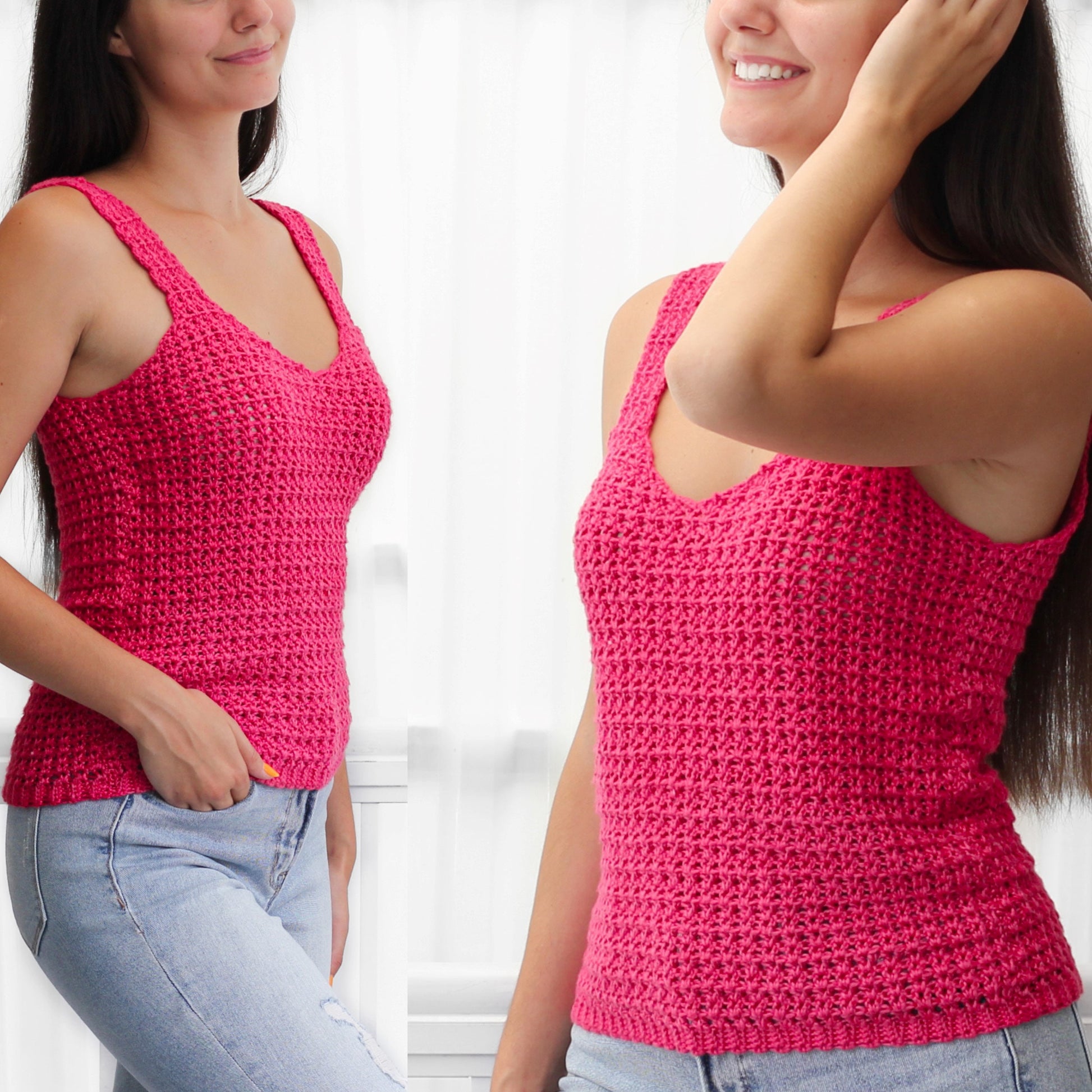 May include: A pink crochet tank top with a v-neck and a textured pattern.