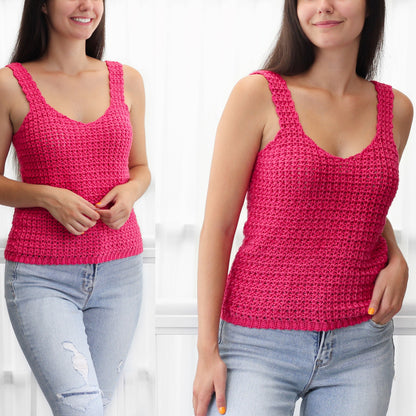 May include: A bright pink crochet tank top with a v-neck and thin straps. The tank top is made with a textured stitch and is worn with light blue jeans.