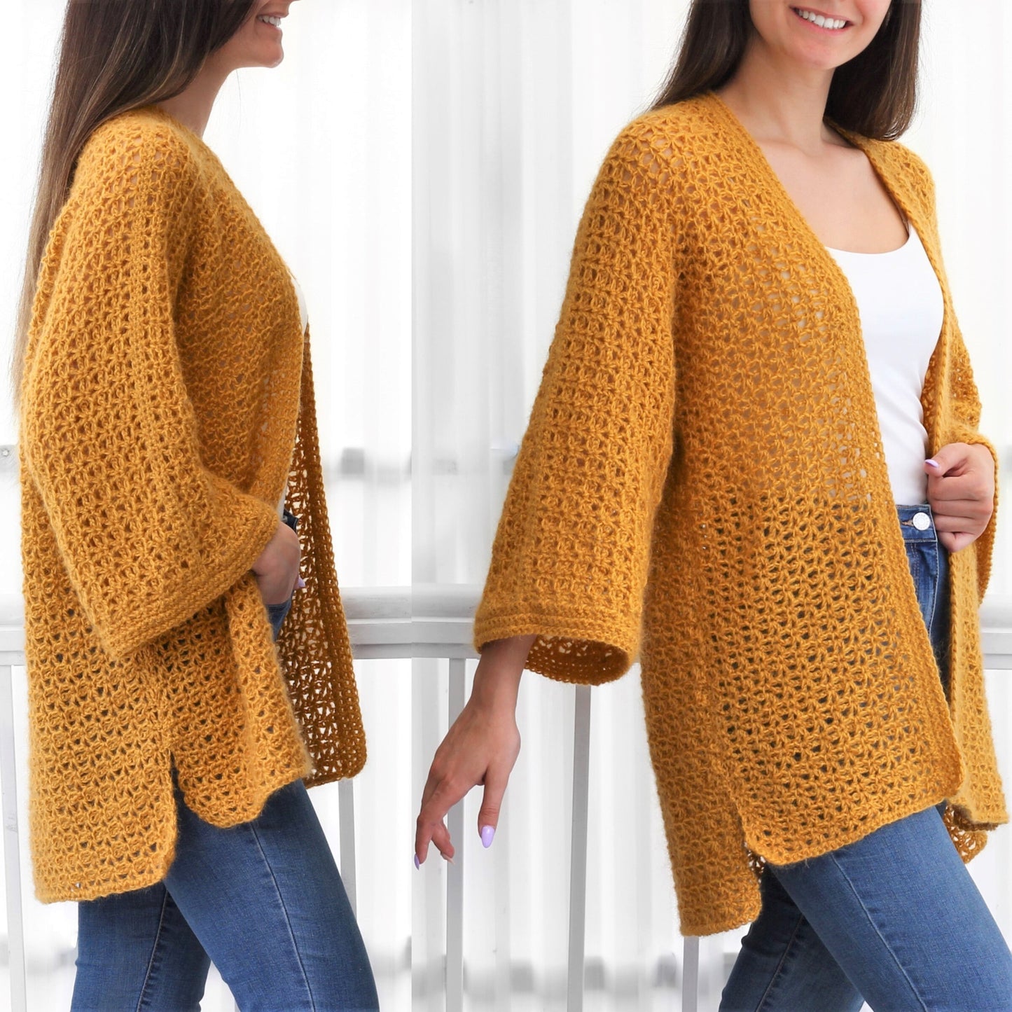 May include: A mustard yellow crochet cardigan with a loose fit and long sleeves. The cardigan has a deep V-neck and a simple, open stitch pattern.