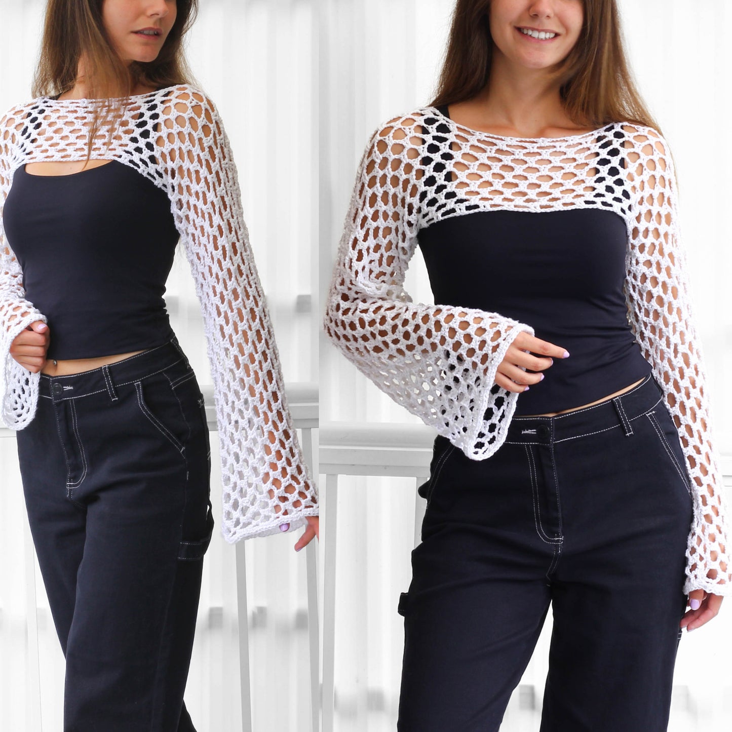 May include: White crochet top with long bell sleeves and a mesh design. The top is worn over a black tank top and black pants.