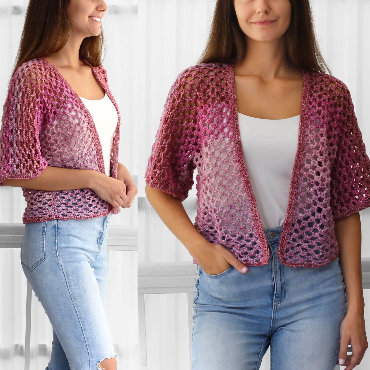 May include: A pink and white crochet cardigan with a loose fit and short sleeves. The cardigan is made with a delicate open stitch pattern.