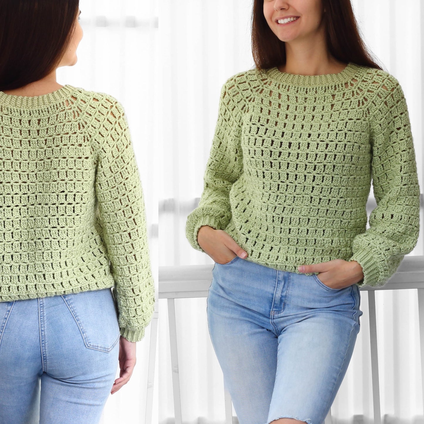 May include: A light green crochet sweater with a loose fit and long sleeves. The sweater has a round neckline and a simple stitch pattern.