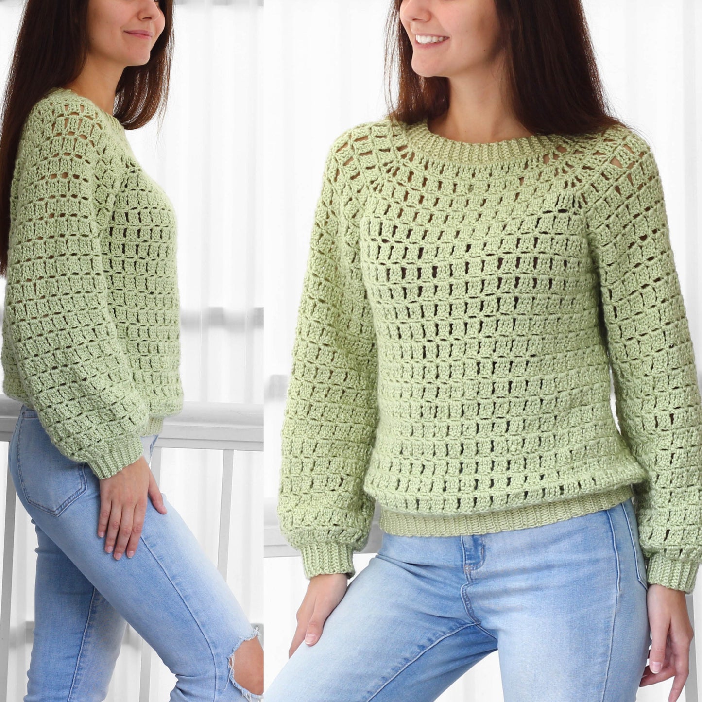 May include: A light green crocheted sweater with a square stitch pattern and a round neckline. The sweater has long sleeves with a slightly puffed look at the shoulders.