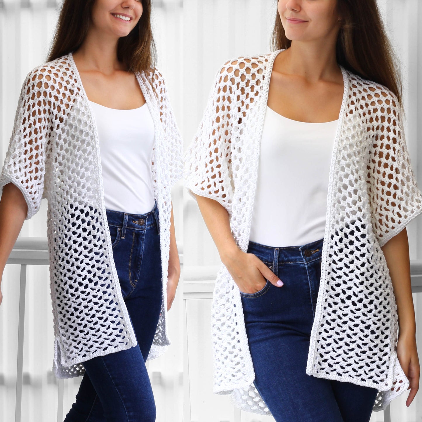 May include: White crochet cardigan with a loose fit and open front. The cardigan has a delicate openwork pattern and short sleeves.