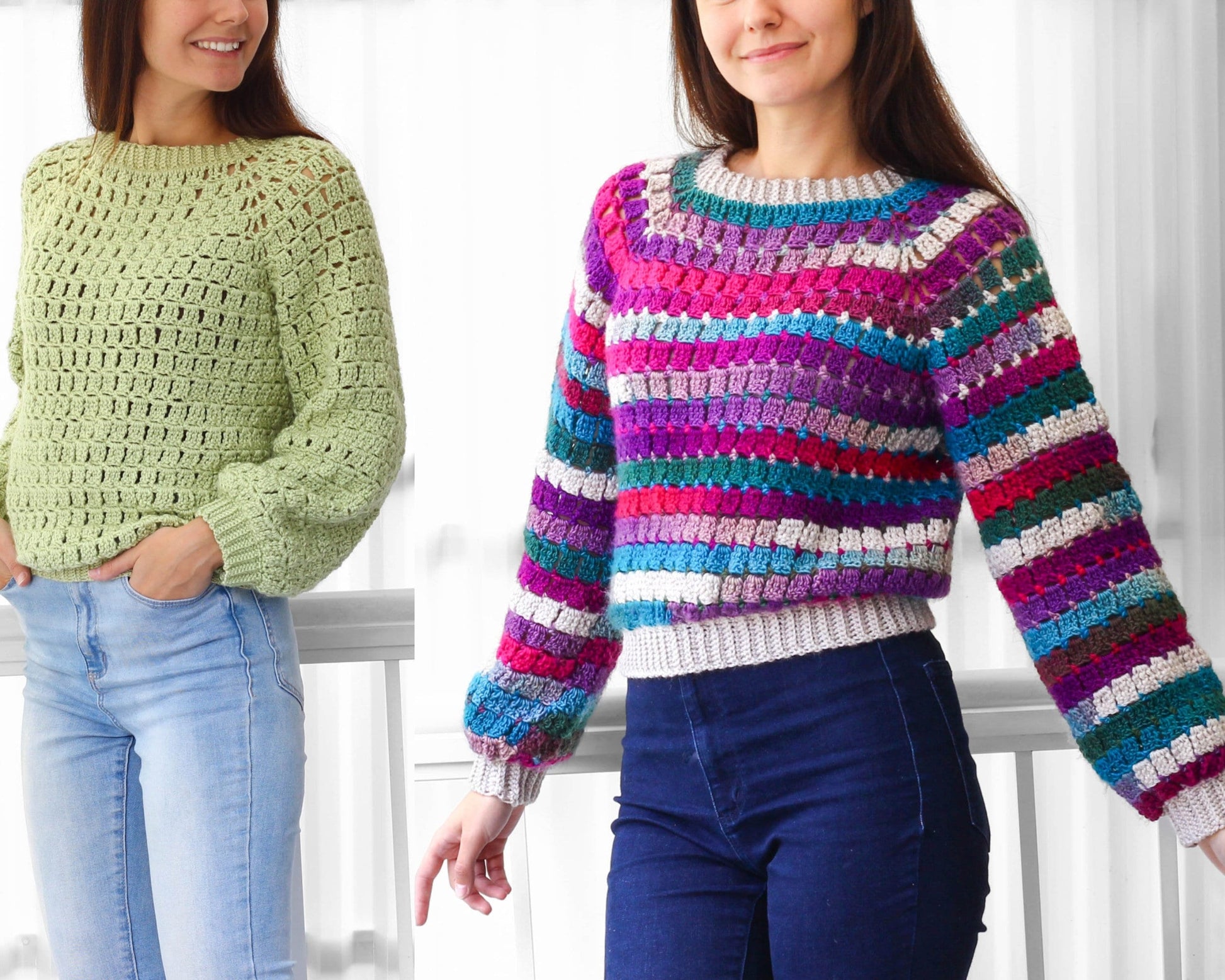 May include: Two women wearing crocheted sweaters. The sweater on the left is green and has a simple stitch pattern. The sweater on the right is a multi-colored striped sweater with a more intricate stitch pattern.