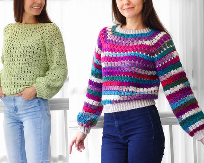 May include: Two women wearing crocheted sweaters. The sweater on the left is green and has a simple stitch pattern. The sweater on the right is a multi-colored striped sweater with a more intricate stitch pattern.