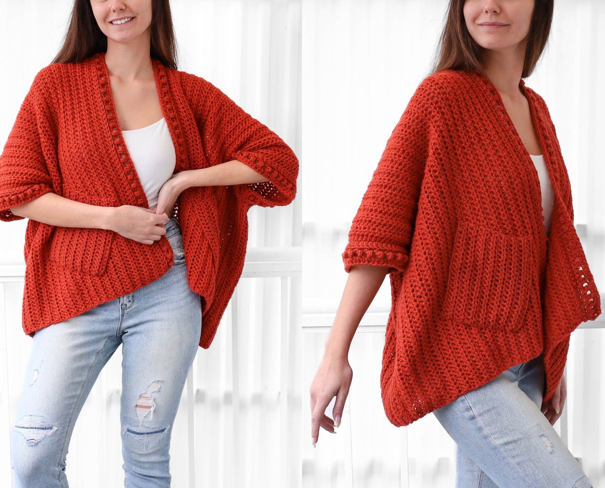 May include: A rust-colored crochet cardigan with a V-neck and pockets. The cardigan has a relaxed fit and is shown being worn with blue jeans.