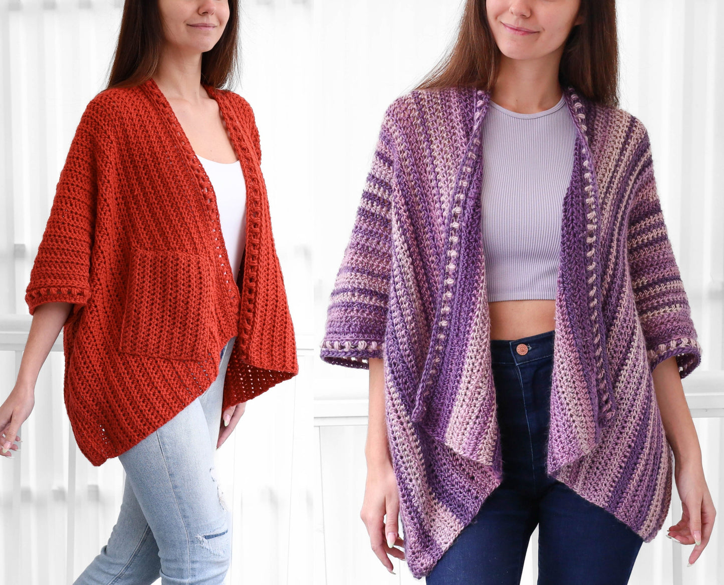 May include: Two crocheted cardigans, one in a solid orange color and the other in a striped purple and pink color. Both cardigans have a loose fit and are shown being worn by models.