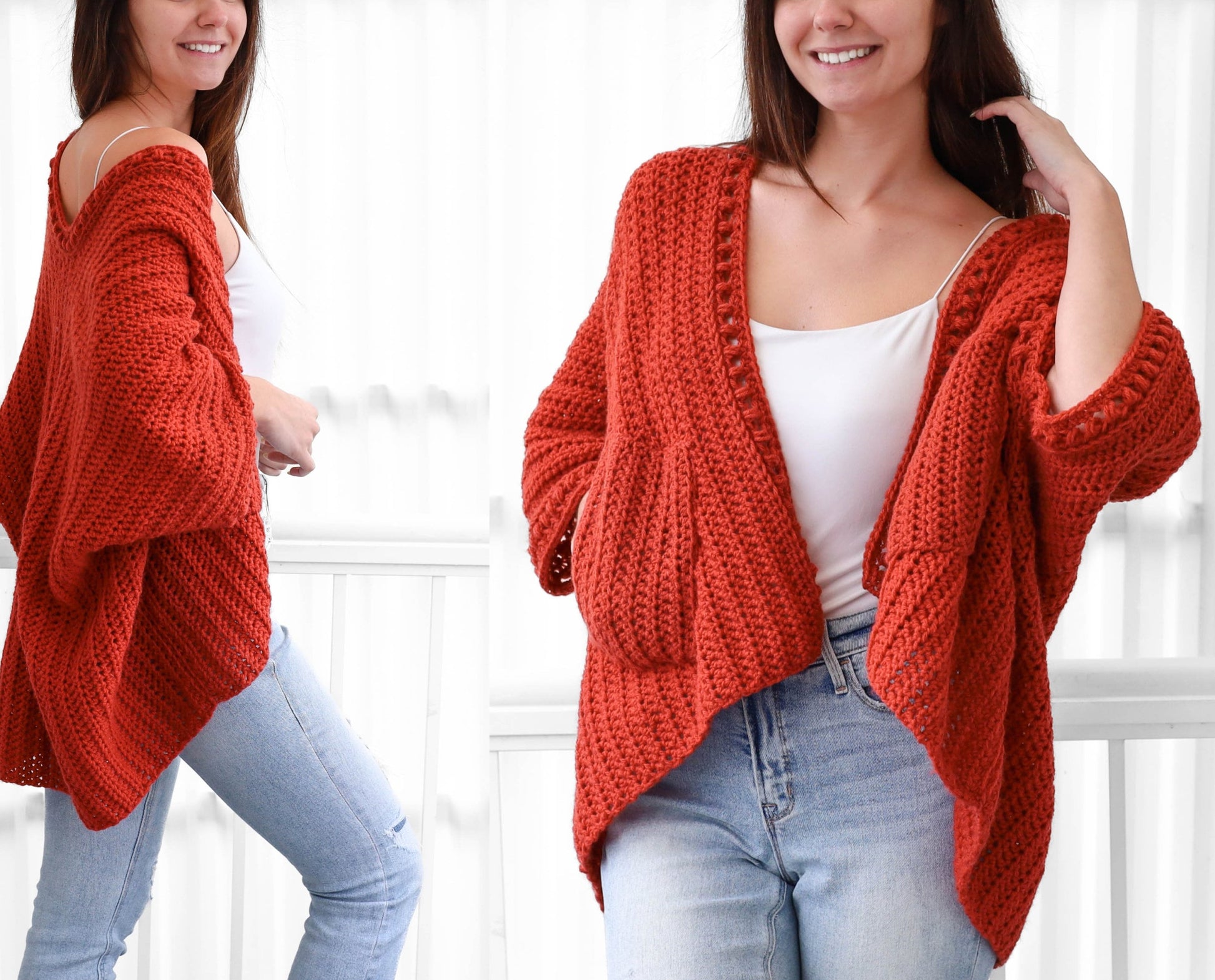 May include: A rust-colored crochet cardigan with a loose fit and long sleeves. The cardigan has a V-neck and a crocheted trim around the neckline and sleeves.