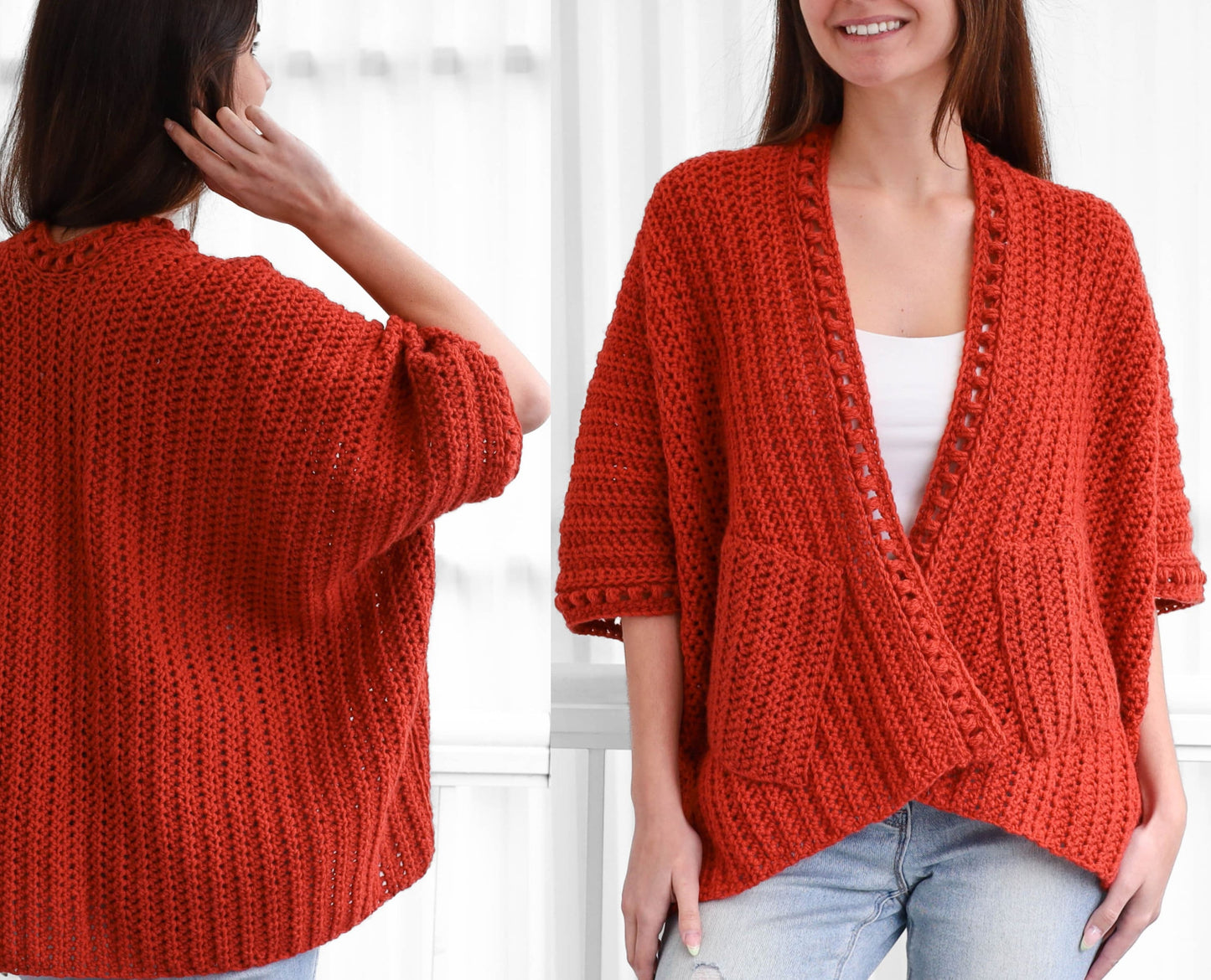 May include: A red crochet cardigan with a deep V-neck and a crocheted trim. The cardigan has a relaxed fit and three-quarter sleeves.