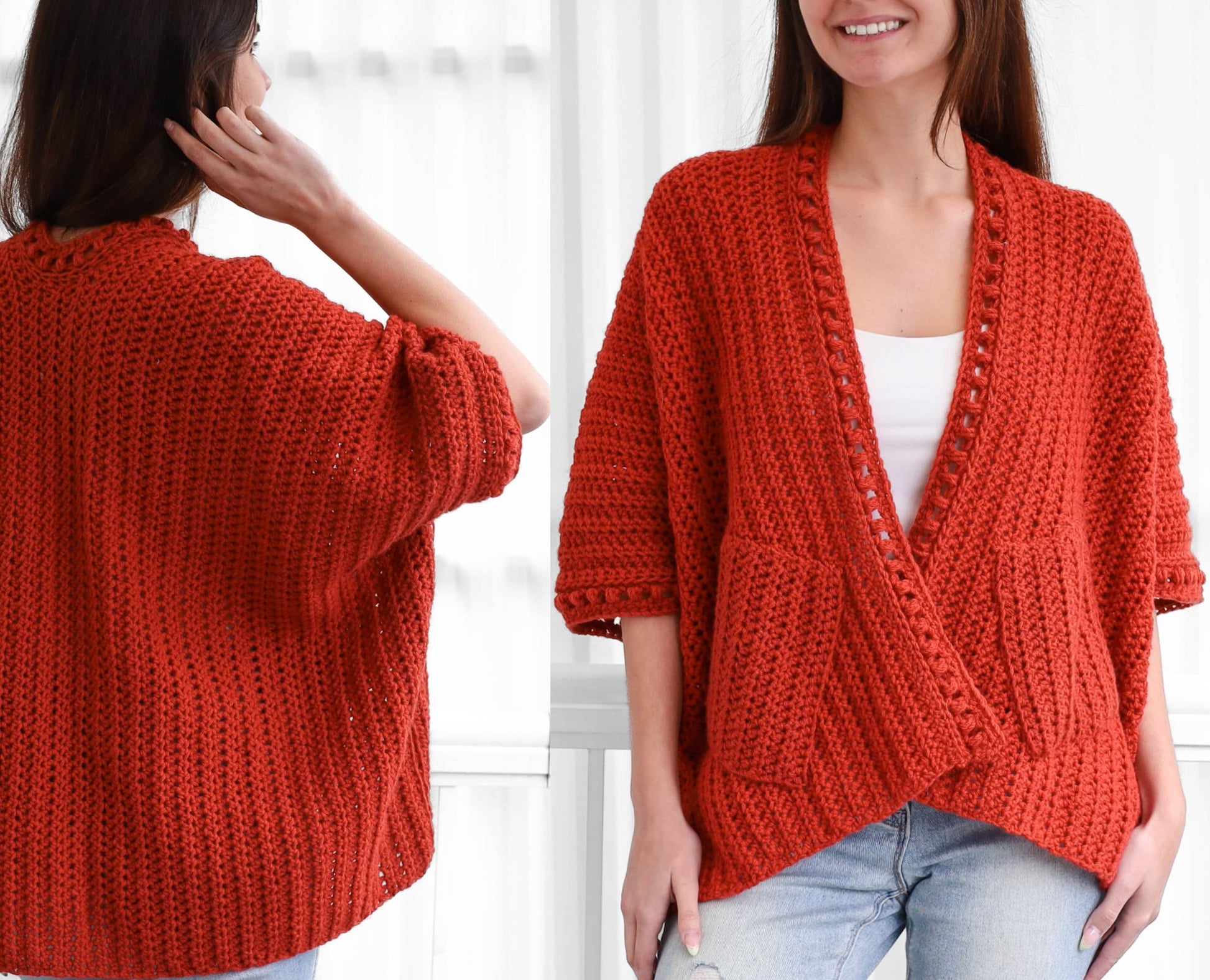 May include: A red crochet cardigan with a deep V-neck and a crocheted trim. The cardigan has a relaxed fit and three-quarter sleeves.
