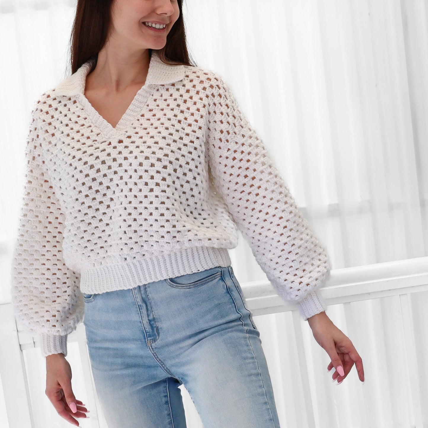 Crochet pattern-ADELINE Crochet sweater pattern PDF-Women crochet polo top pattern-Crochet pullover-Polo collar Granny modern sweater-XS-3XL image 3
