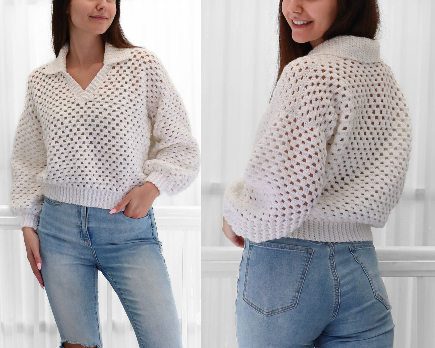 Crochet pattern-ADELINE Crochet sweater pattern PDF-Women crochet polo top pattern-Crochet pullover-Polo collar Granny modern sweater-XS-3XL image 10