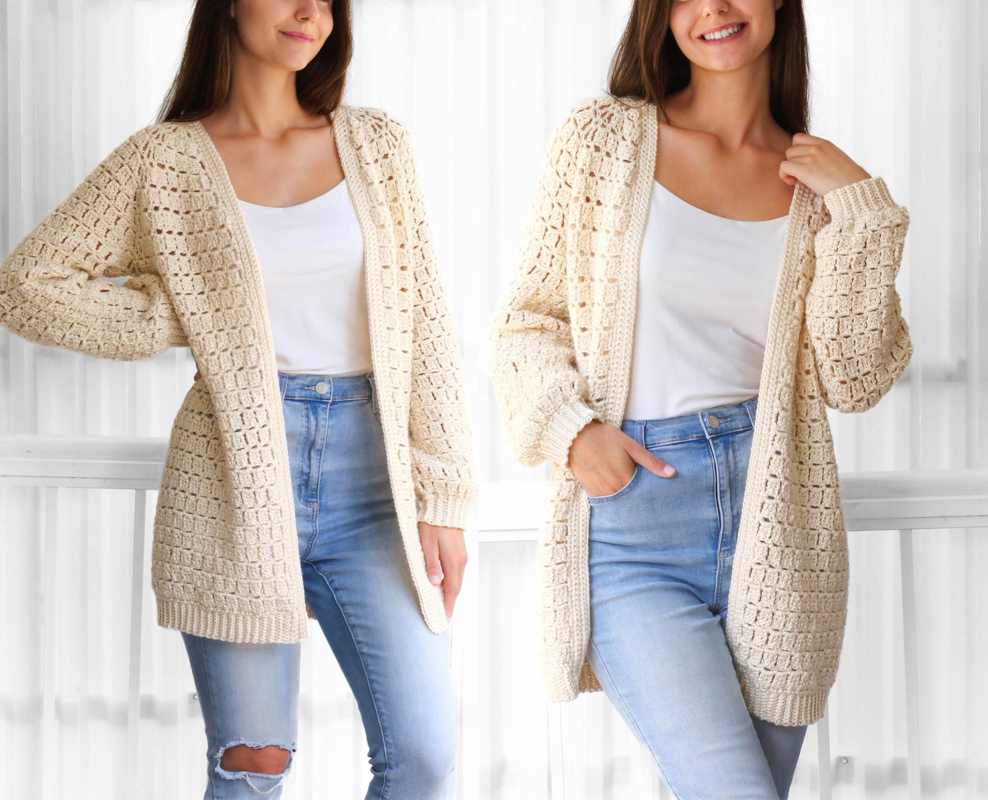 May include: A cream-colored crochet cardigan with a loose fit and open front. The cardigan has a delicate stitch pattern and is shown being worn with a white tank top and blue jeans.