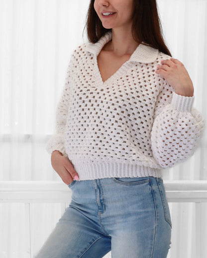 Crochet pattern-ADELINE Crochet sweater pattern PDF-Women crochet polo top pattern-Crochet pullover-Polo collar Granny modern sweater-XS-3XL image 5
