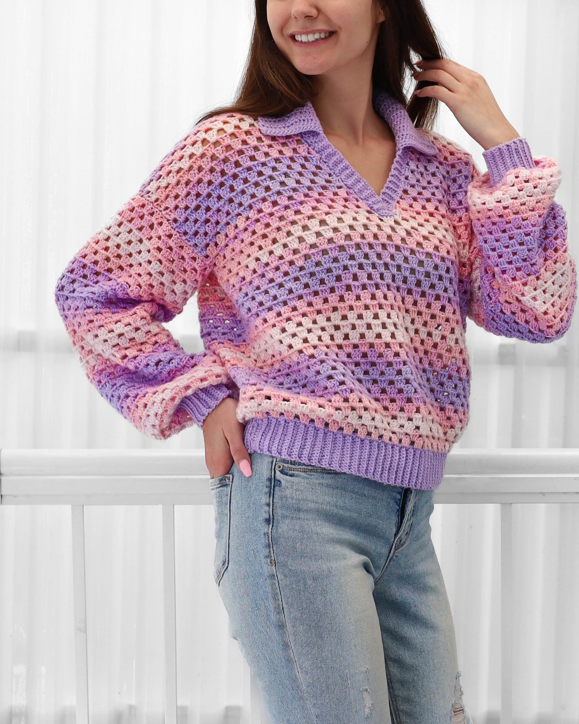 Crochet pattern-ADELINE Crochet sweater pattern PDF-Women crochet polo top pattern-Crochet pullover-Polo collar Granny modern sweater-XS-3XL image 2