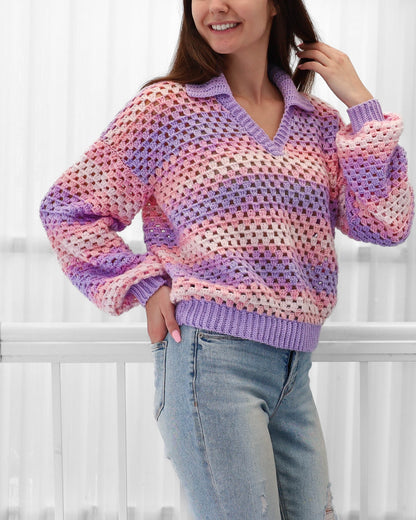Crochet pattern-ADELINE Crochet sweater pattern PDF-Women crochet polo top pattern-Crochet pullover-Polo collar Granny modern sweater-XS-3XL image 2
