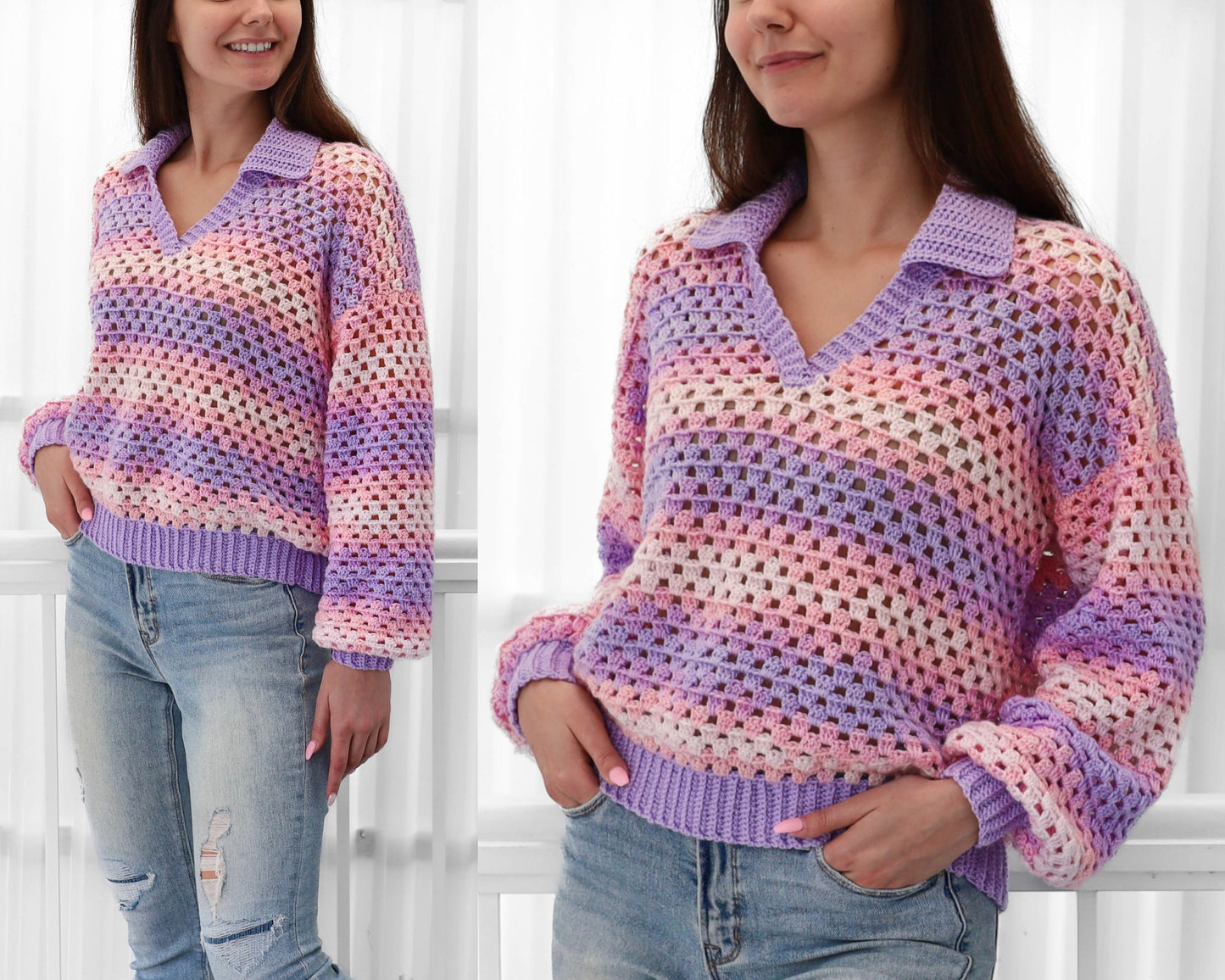 Crochet pattern-ADELINE Crochet sweater pattern PDF-Women crochet polo top pattern-Crochet pullover-Polo collar Granny modern sweater-XS-3XL image 4