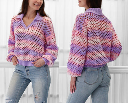 Crochet pattern-ADELINE Crochet sweater pattern PDF-Women crochet polo top pattern-Crochet pullover-Polo collar Granny modern sweater-XS-3XL image 6