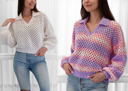 Crochet pattern-ADELINE Crochet sweater pattern PDF-Women crochet polo top pattern-Crochet pullover-Polo collar Granny modern sweater-XS-3XL image 9