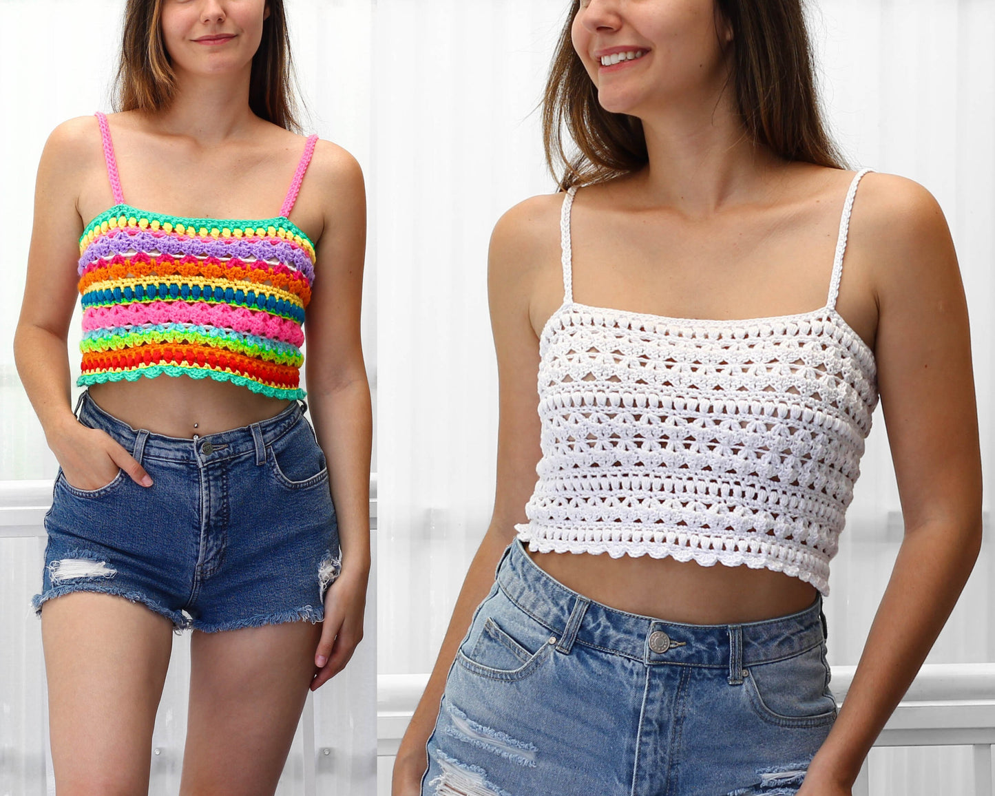May include: Two women wearing crochet tops. One top is rainbow striped and the other is white. Both women are wearing denim shorts.
