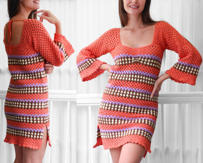 May include: A crochet dress with a colorful striped pattern in shades of orange, brown, white, and purple. The dress has a scoop neck, long sleeves, and a loose fit.