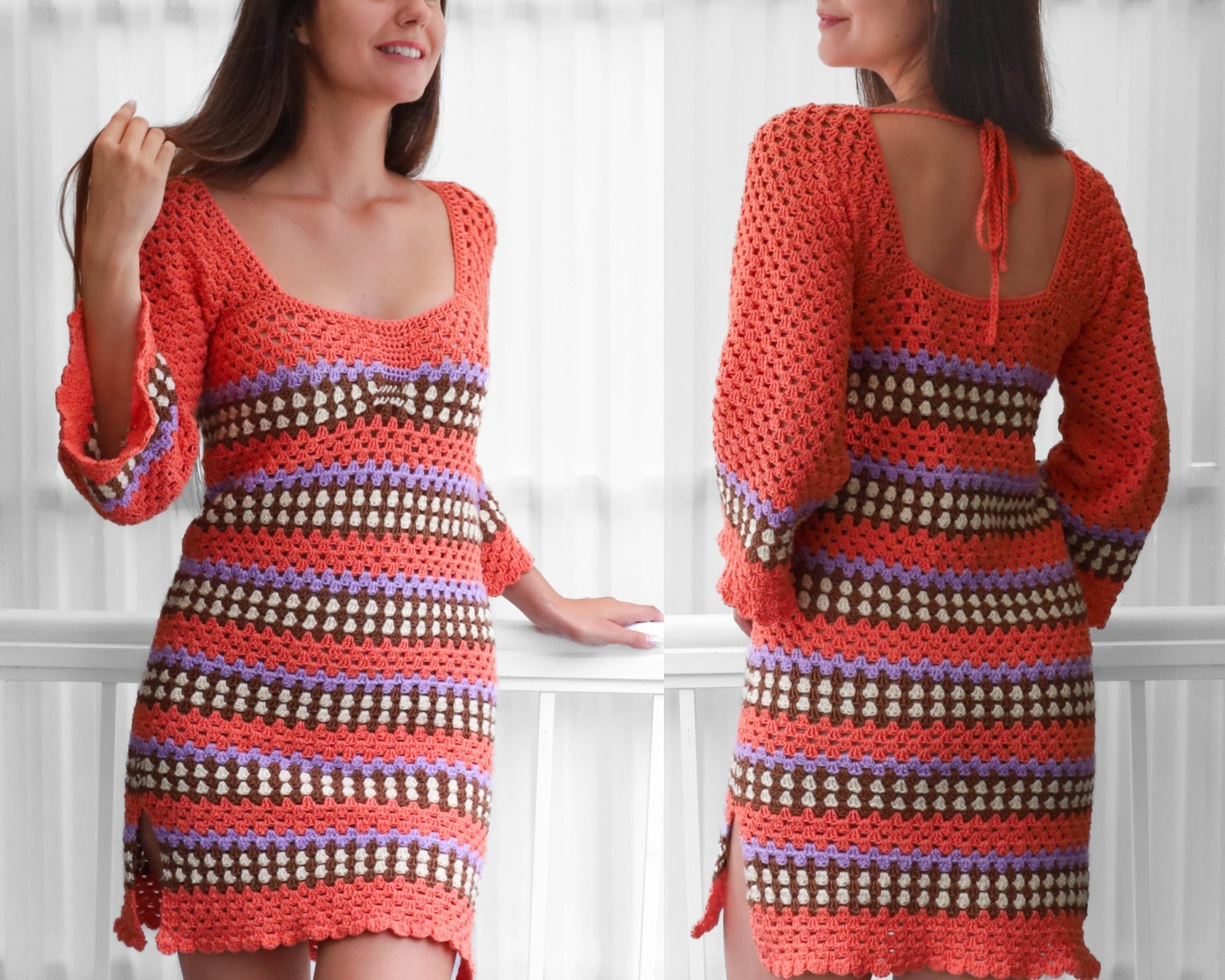 May include: A crocheted dress with a striped pattern in shades of orange, brown, purple, and white. The dress has a scoop neckline and long sleeves with bell bottoms. The dress has a tie at the back of the neck.