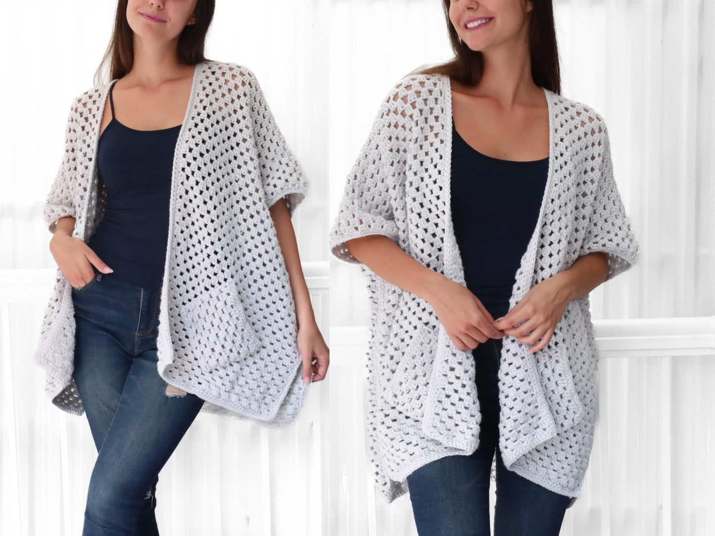May include: A light gray crochet cardigan with a loose fit and short sleeves. The cardigan is open in the front and has a delicate, open-stitch pattern.
