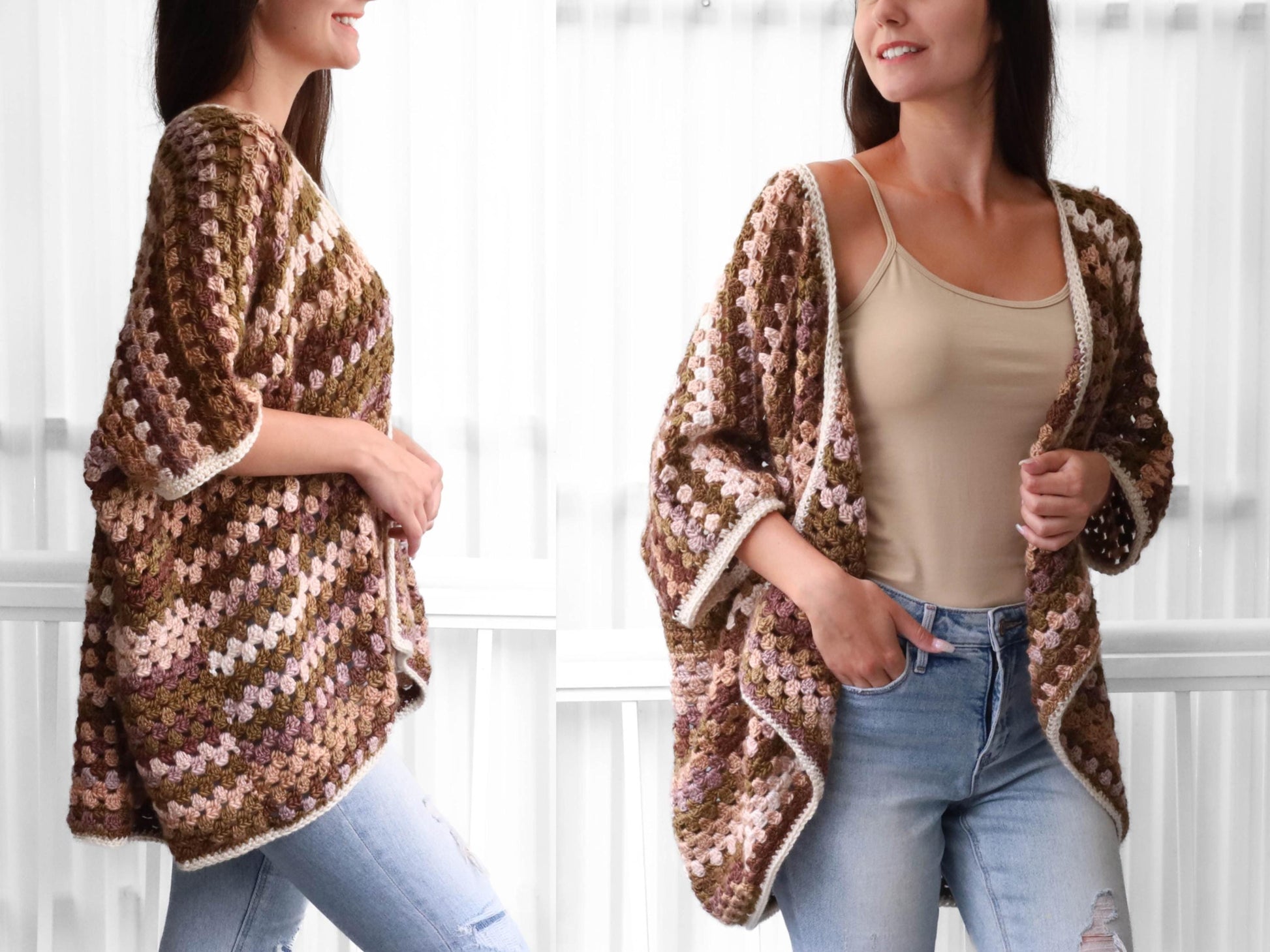 May include: A crocheted cardigan with a brown, pink, and green color pattern. The cardigan has a loose fit and a V-neck.