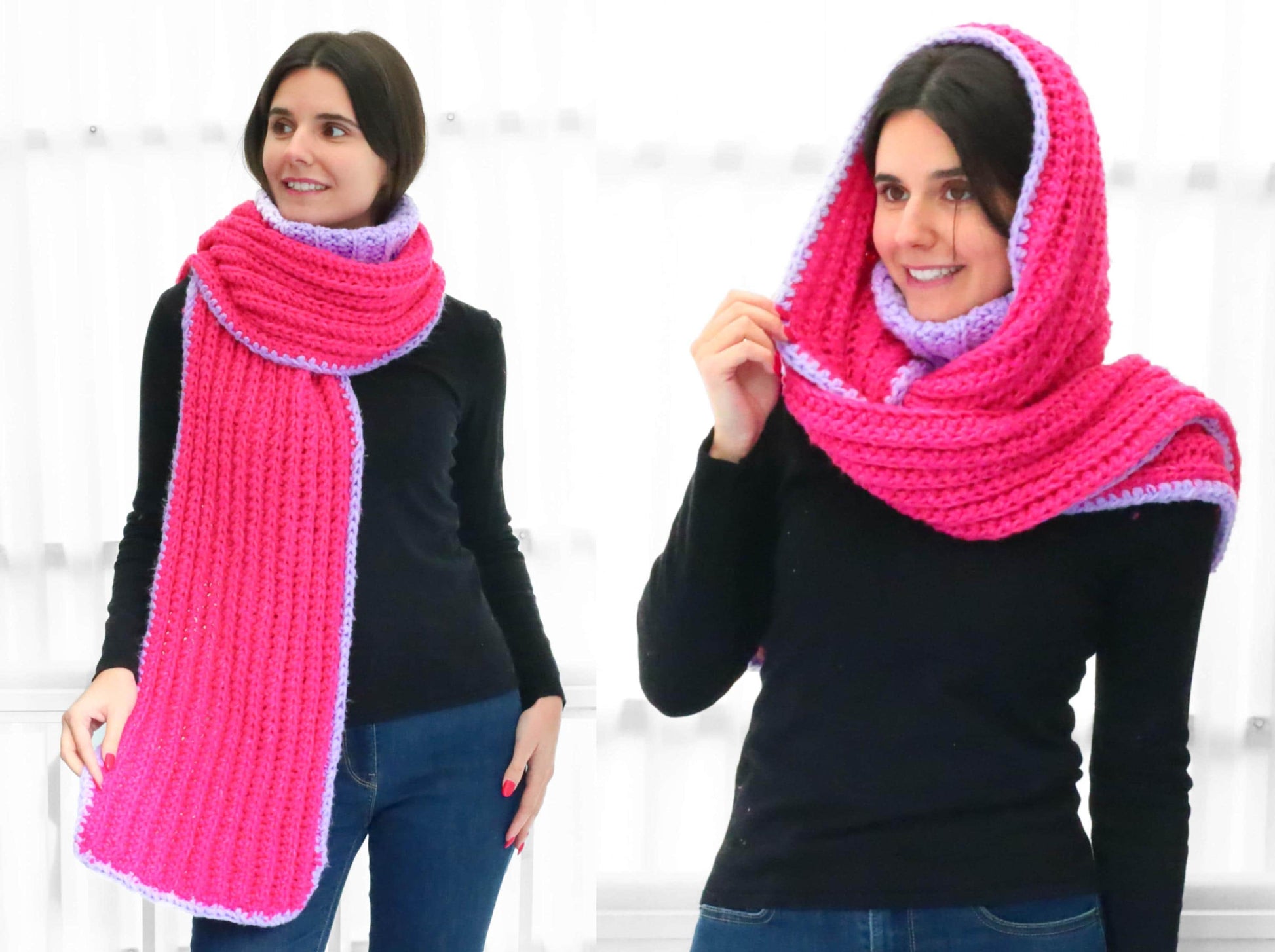 May include: A pink and purple crocheted scarf with a hood. The scarf is made with a chunky yarn and has a ribbed texture.