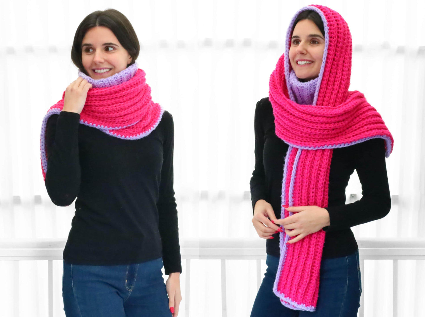 May include: Two women wearing a pink and purple crocheted scarf. The scarf can be worn as a cowl or a hood.