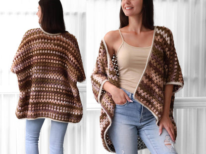 May include: A brown, pink, and white crocheted cardigan with a loose fit and a slightly open front. The cardigan has a striped pattern and a crocheted border.