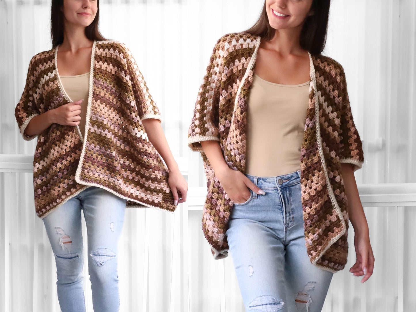 May include: A brown, pink, and white crochet cardigan with a diagonal stripe pattern. The cardigan has a loose fit and short sleeves.