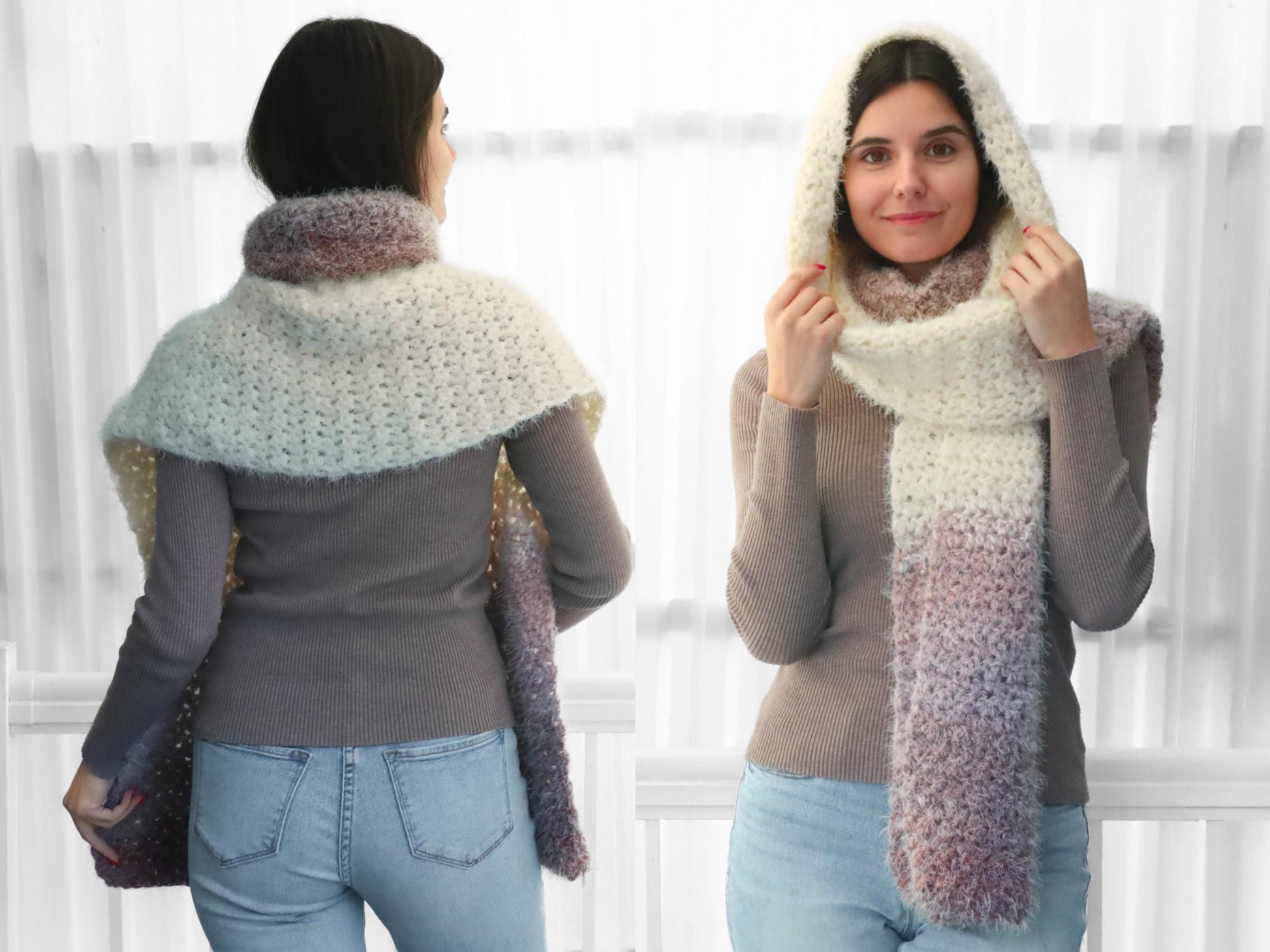 May include: A soft, fluffy, ombre scarf in shades of pink, white, and gray. The scarf is shown being worn as a cowl and as a hooded scarf.