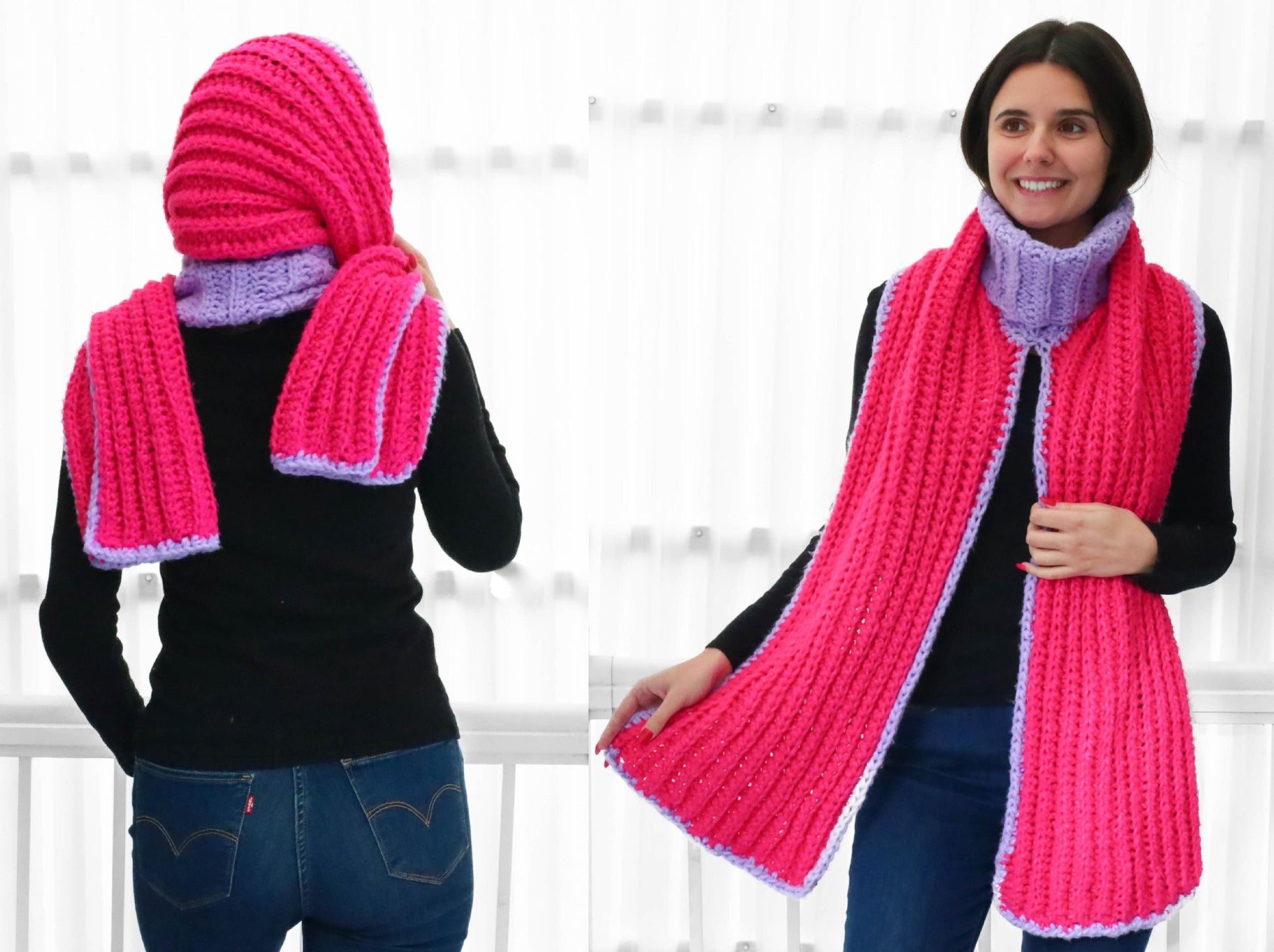 May include: A pink and purple crocheted scarf and hat set. The scarf is long and can be worn as a cowl neck. The hat is a slouchy beanie style.