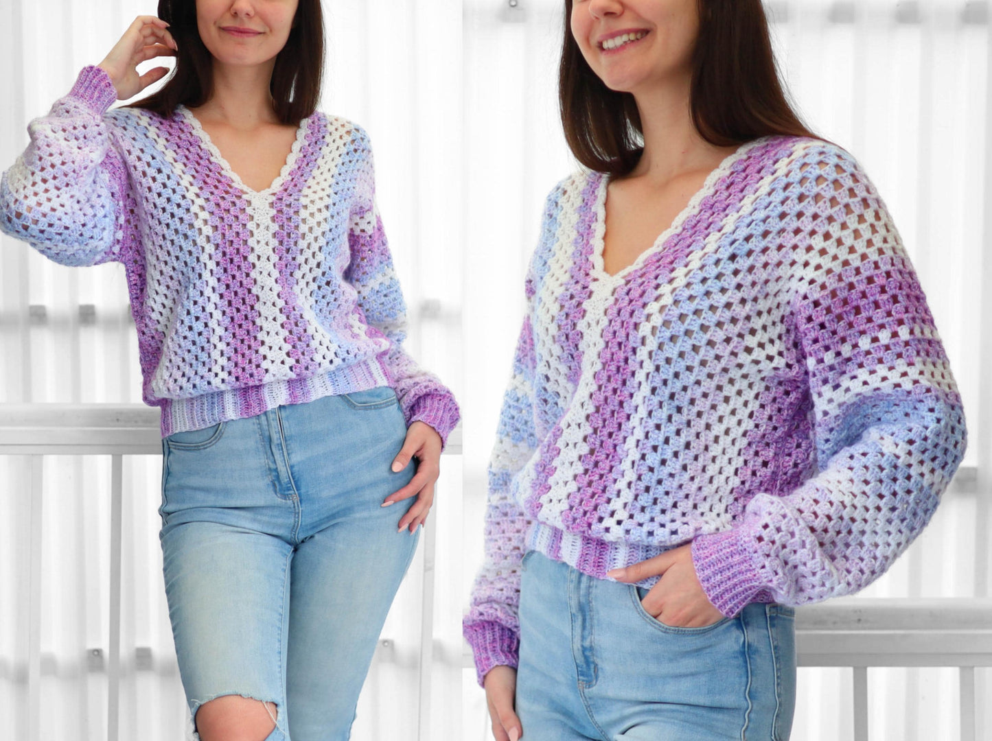 May include: A purple, white, and blue striped crochet sweater with a v-neck.