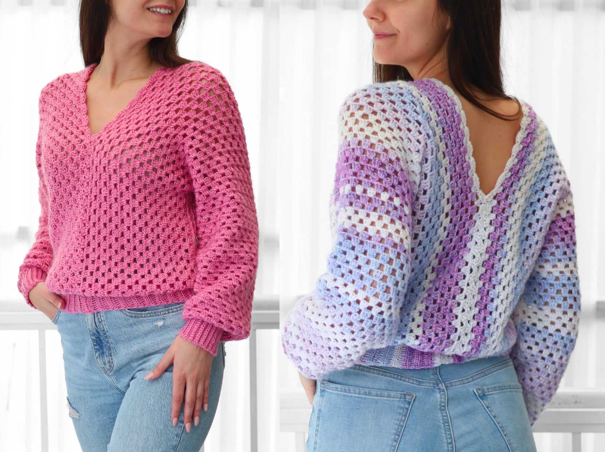 May include: Two crochet sweaters, one pink and one with blue, purple, and white stripes. Both sweaters have a V-neck and are cropped.
