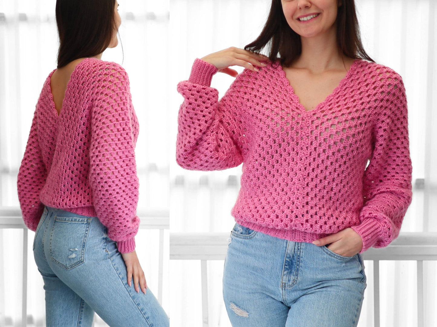 May include: A pink crocheted sweater with a V-neck and open back design. The sweater has a loose fit and long sleeves.