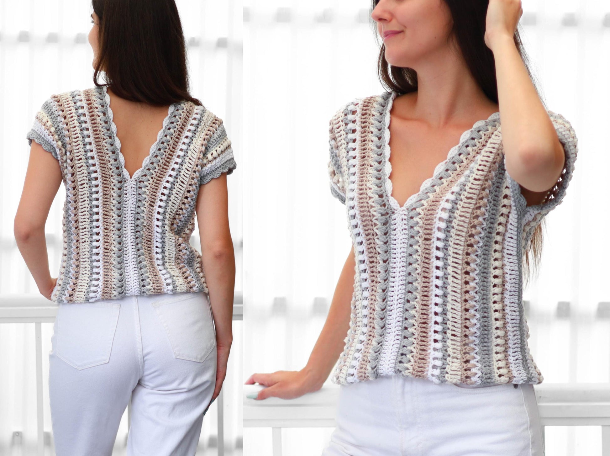 May include: A short-sleeved, V-neck crochet top in a neutral color palette of white, gray, and brown. The top features a scalloped edge along the neckline and sleeves. The open weave design is visible.
