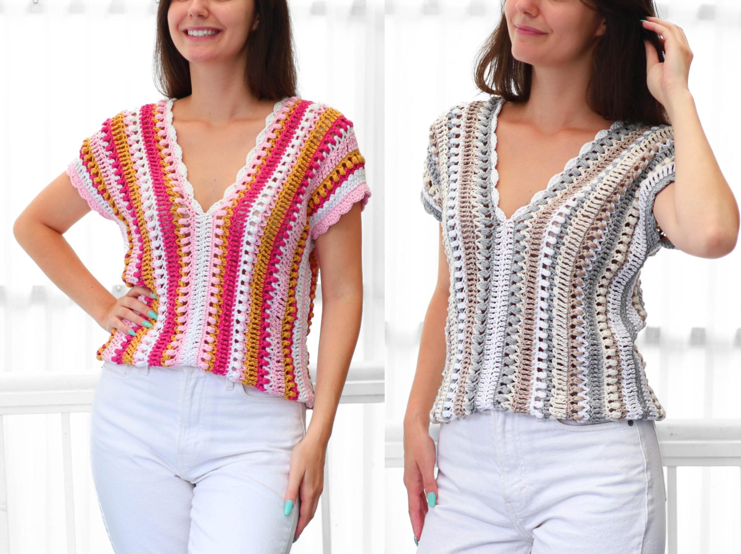 May include: Two crochet tops with a V-neck design. One top features pink, white, and yellow stripes, while the other has a neutral color palette of white, gray, and brown. Both tops have short sleeves and a scalloped edge.