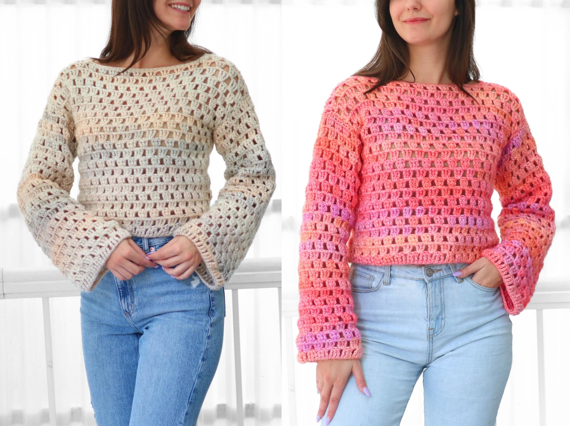 May include: Two crochet sweaters, one in cream and the other in shades of pink and orange. Both sweaters have a loose, open weave design with long, flared sleeves and a boat neck. The sweaters are paired with blue jeans.