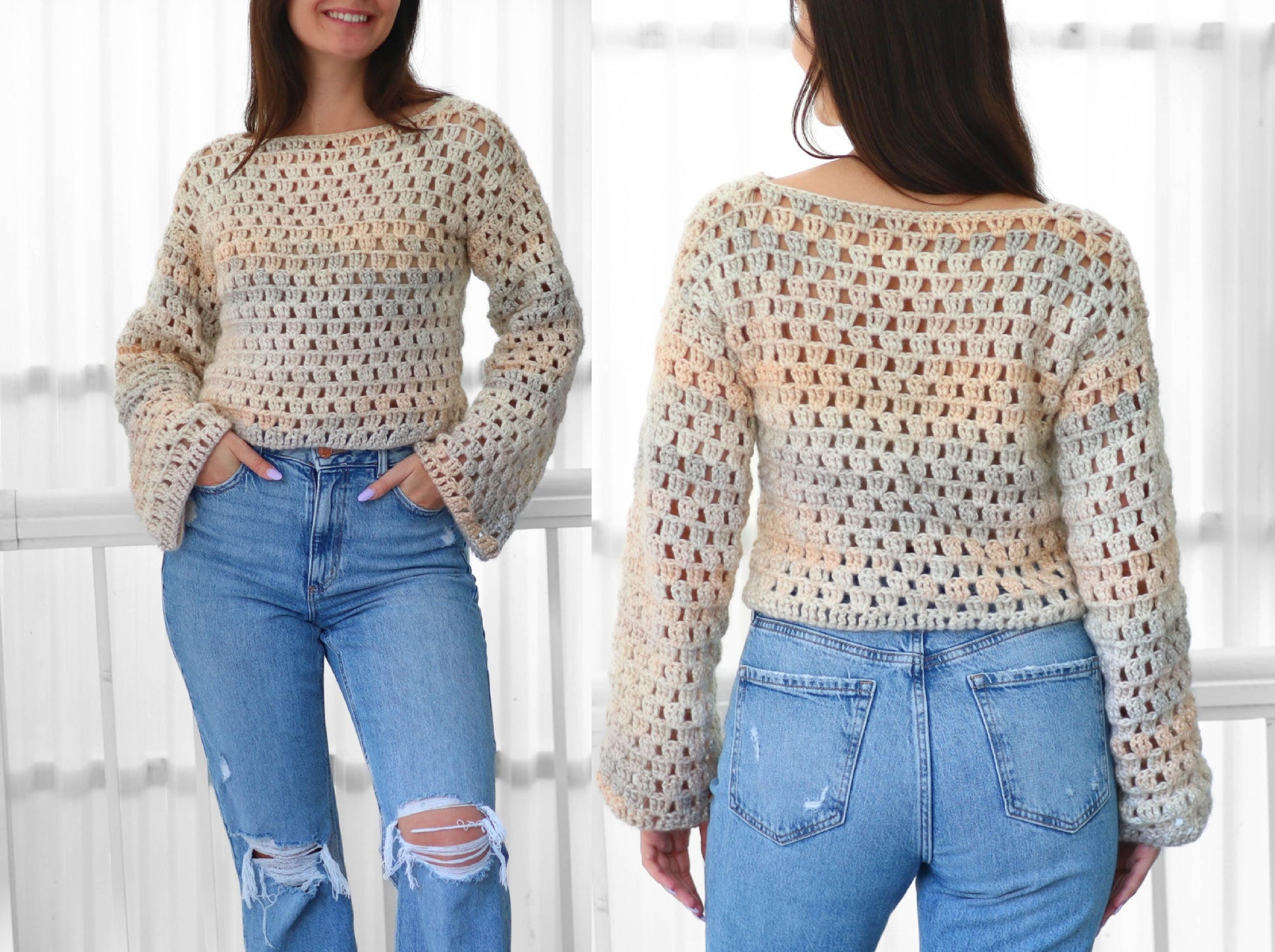 May include: A cream-colored, open-weave crochet sweater with long, flared sleeves. The sweater has a scoop neckline and a subtle color gradient of peach, blue, and gray. The person is wearing light blue ripped jeans.