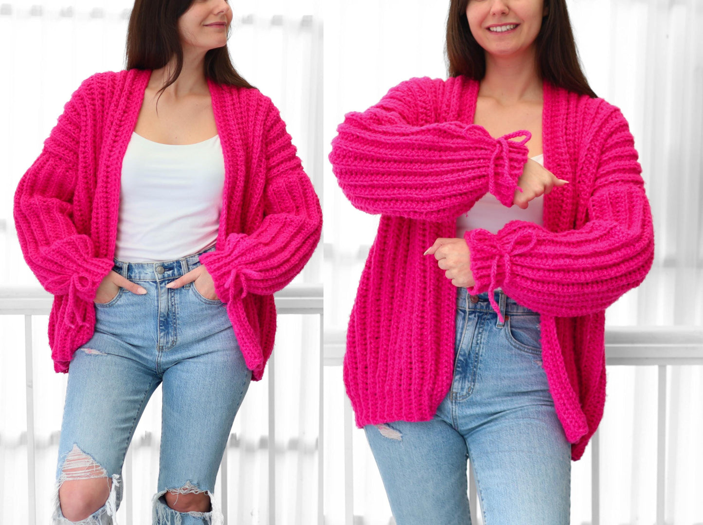 May include: A bright pink, open-front cardigan with long, ribbed sleeves and tie details at the cuffs. The chunky knit sweater is paired with light blue jeans. The cardigan is a vibrant, eye-catching piece.